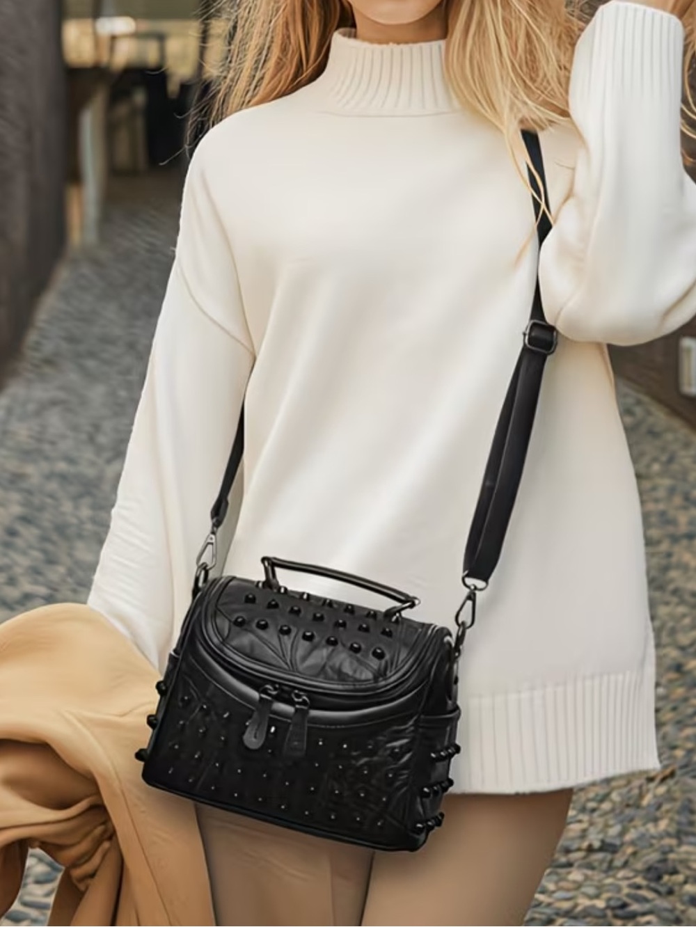 (A10) Studded Lambskin Leather Crossbody Bag
